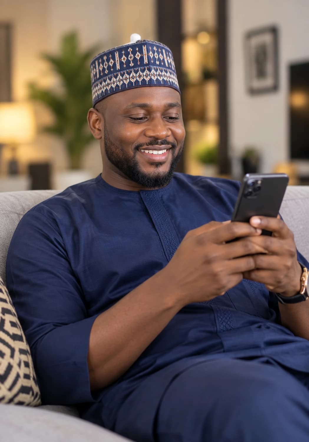 A landlord checking his rent record on his phone at home.